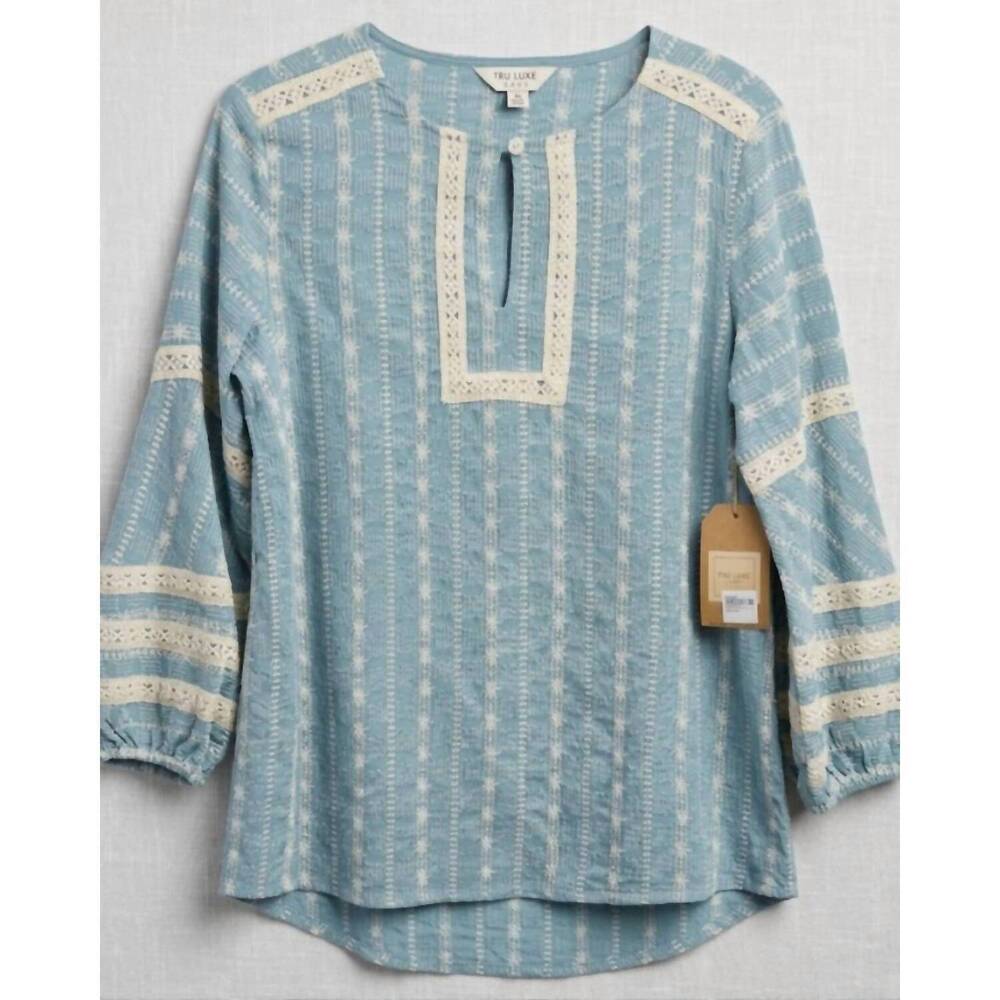 NEW TRU LUXE women's all-over embroidered peasant top in blue